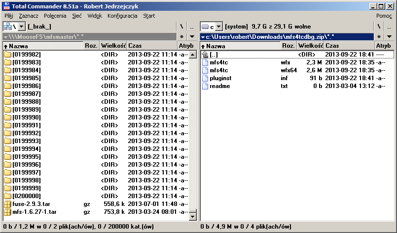 Plugin mfs4tc - example view of connection with MooseFS server